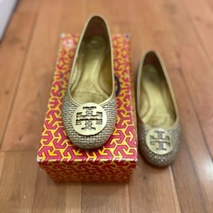Tory Burch Lurex Straw Reva Flats Taupe/Gold